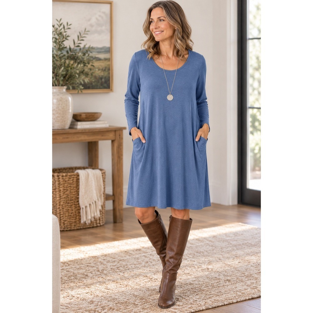 NWT J. Jill Pima Cotton Modal Tunic Dress XL Blue Long Sleeve Pockets